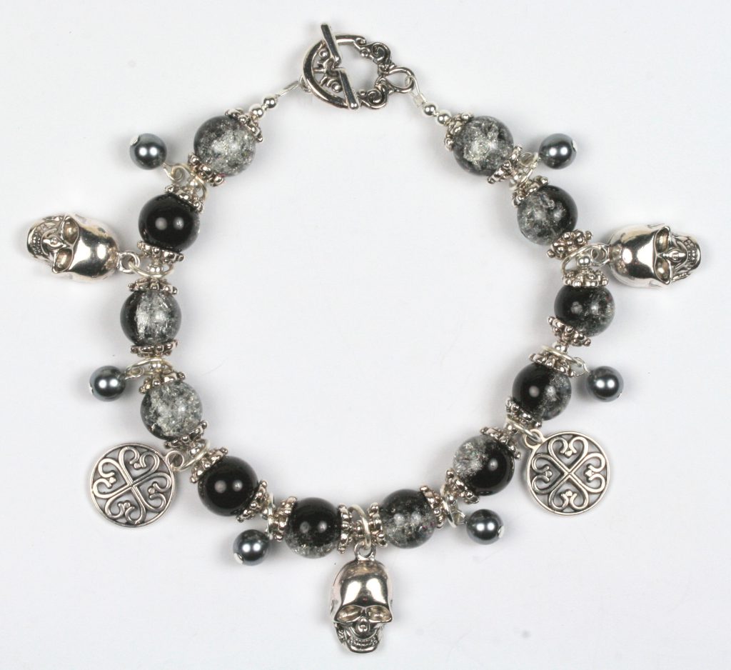 Halloween skull pendant and glass crackle bead bracelet